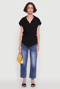 Womens Trendy Smocked Side Button Front Shirt, Black,