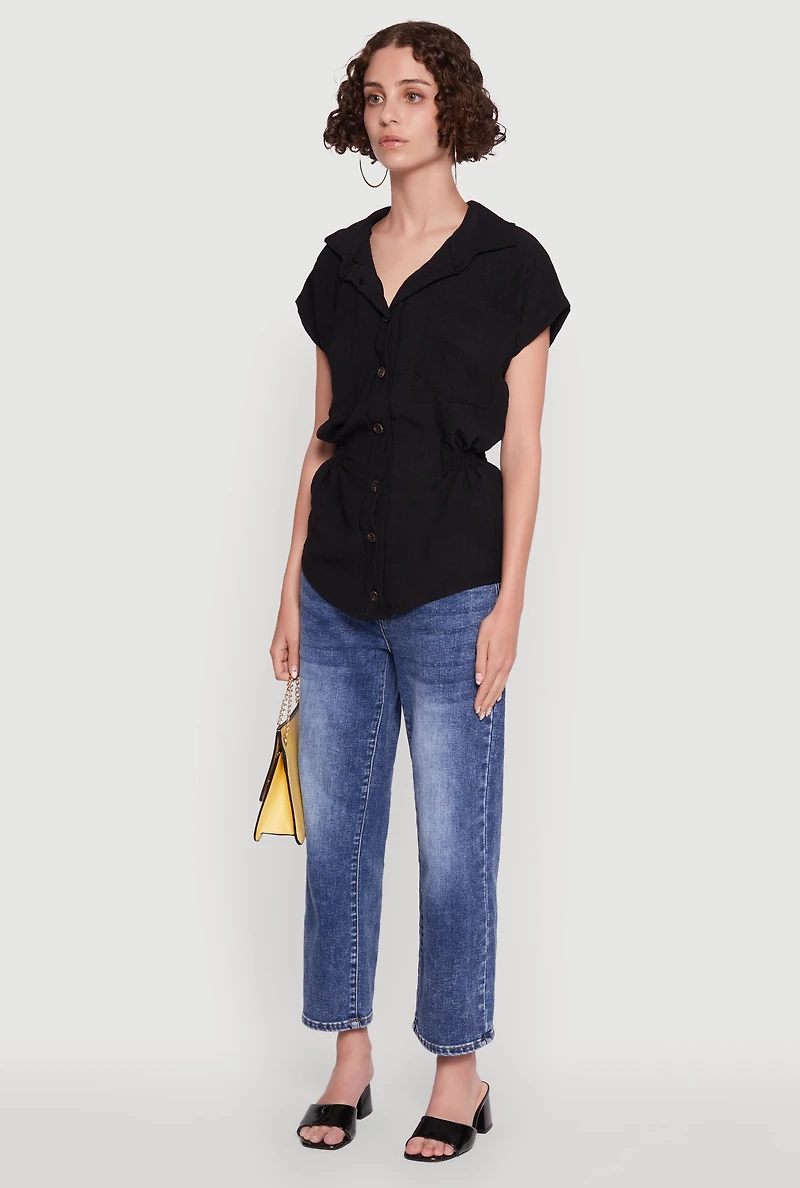 Womens Trendy Smocked Side Button Front Shirt, Black,