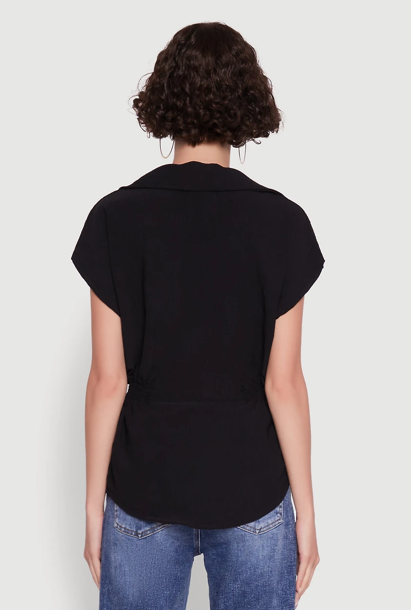 Womens Trendy Smocked Side Button Front Shirt, Black,