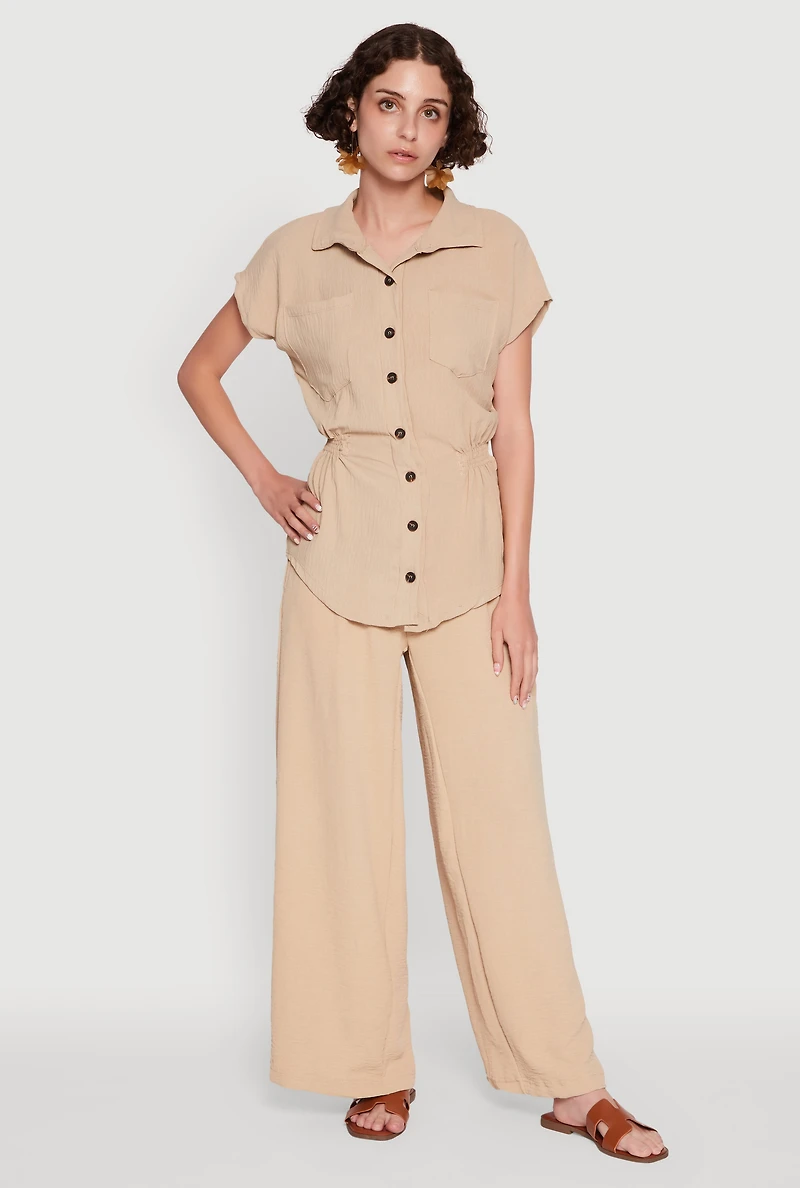 Womens Trendy Smocked Side Button Front Shirt,
