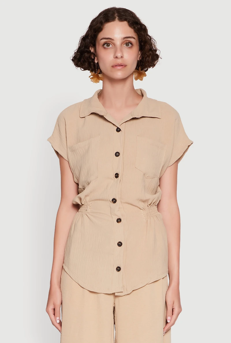 Womens Trendy Smocked Side Button Front Shirt, Beige, Size M