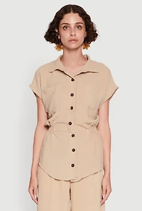 Womens Trendy Smocked Side Button Front Shirt, Beige, Size M