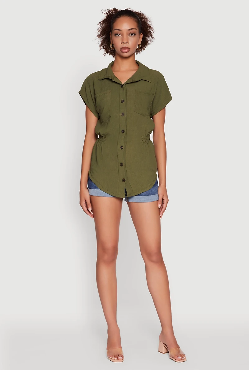 Womens Trendy Smocked Side Button Front Shirt, Green, Size L