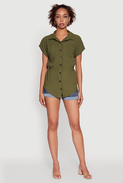 Womens Trendy Smocked Side Button Front Shirt, Green, Size L