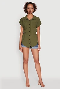 Womens Trendy Smocked Side Button Front Shirt, Green, Size L