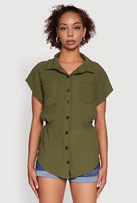 Womens Trendy Smocked Side Button Front Shirt, Green, Size L