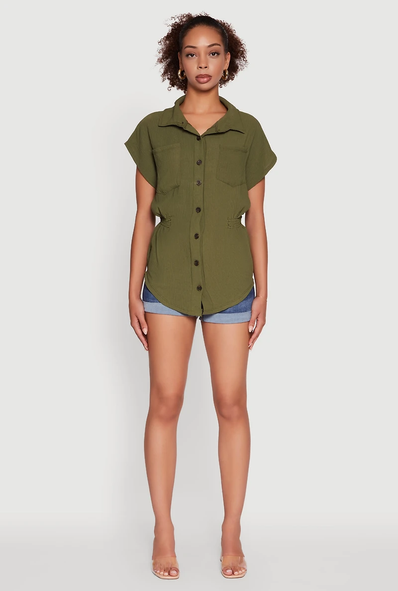 Womens Trendy Smocked Side Button Front Shirt, Green, Size L