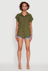 Womens Trendy Smocked Side Button Front Shirt, Green, Size L