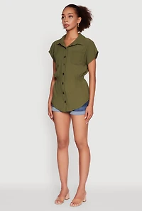 Womens Trendy Smocked Side Button Front Shirt, Green, Size L