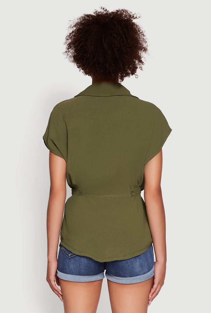 Womens Trendy Smocked Side Button Front Shirt, Green, Size L
