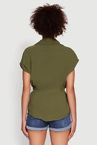 Womens Trendy Smocked Side Button Front Shirt, Green, Size L