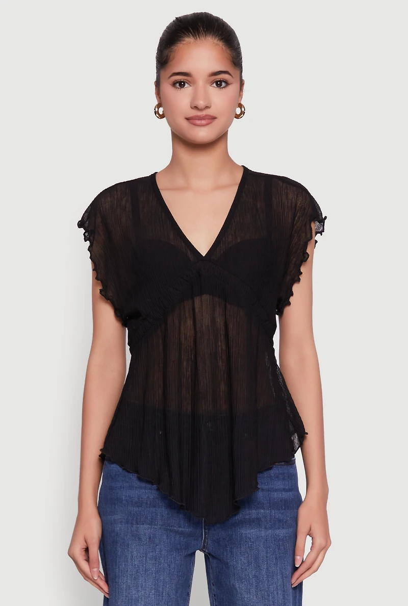 Womens V Neck Lettuce Edge Hanky Hem Blouse, Black, Size S