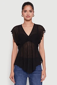 Womens V Neck Lettuce Edge Hanky Hem Blouse, Black, Size S