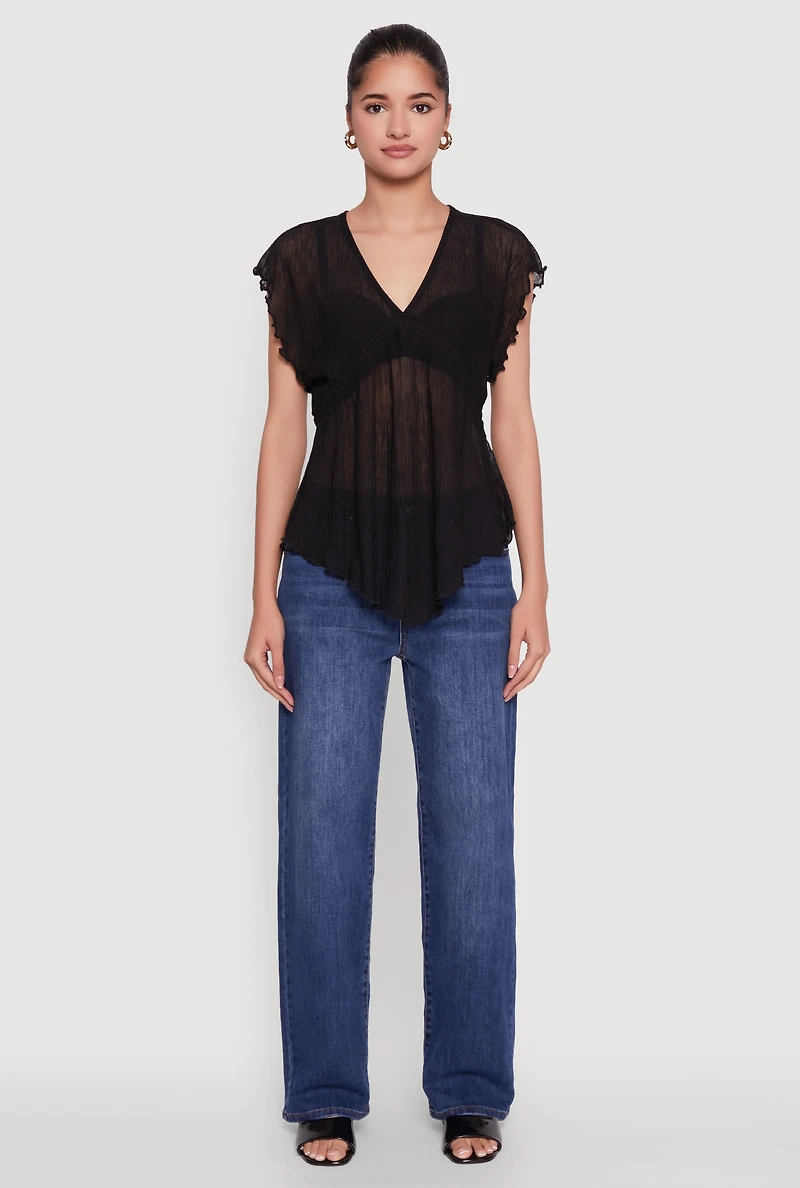 Womens V Neck Lettuce Edge Hanky Hem Blouse, Black, Size S