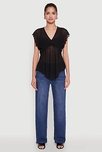 Womens V Neck Lettuce Edge Hanky Hem Blouse, Black, Size S