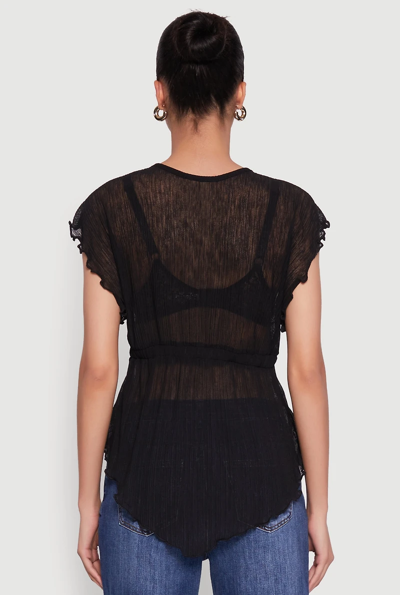 Womens V Neck Lettuce Edge Hanky Hem Blouse, Black, Size S