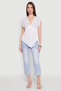 Womens V Neck Lettuce Edge Hanky Hem Blouse, White, Size M