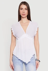 Womens V Neck Lettuce Edge Hanky Hem Blouse, White, Size M