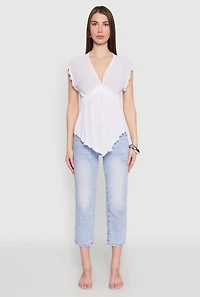 Womens V Neck Lettuce Edge Hanky Hem Blouse, White, Size M