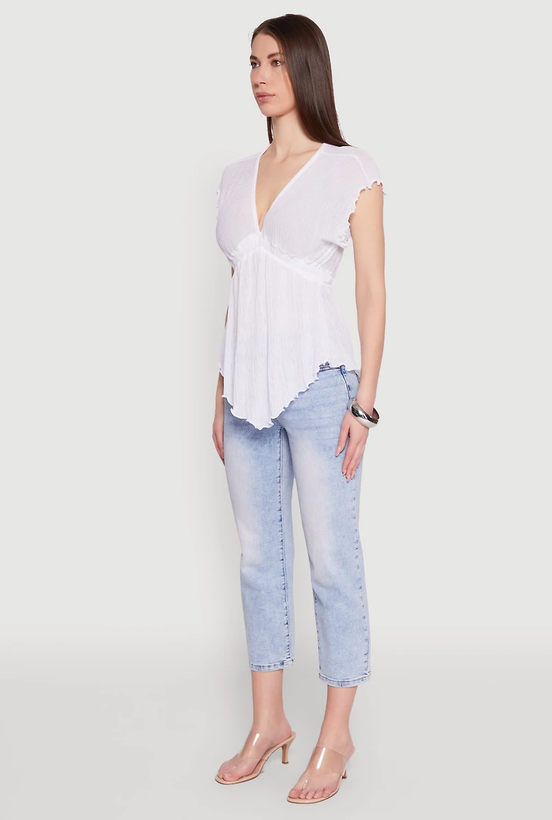 Womens V Neck Lettuce Edge Hanky Hem Blouse, White, Size M