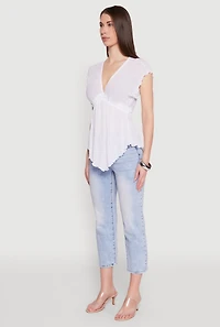 Womens V Neck Lettuce Edge Hanky Hem Blouse, White, Size M