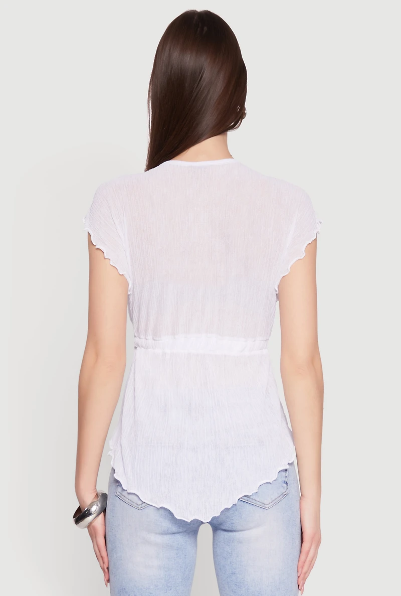 Womens V Neck Lettuce Edge Hanky Hem Blouse, White, Size M
