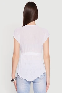 Womens V Neck Lettuce Edge Hanky Hem Blouse, White, Size M