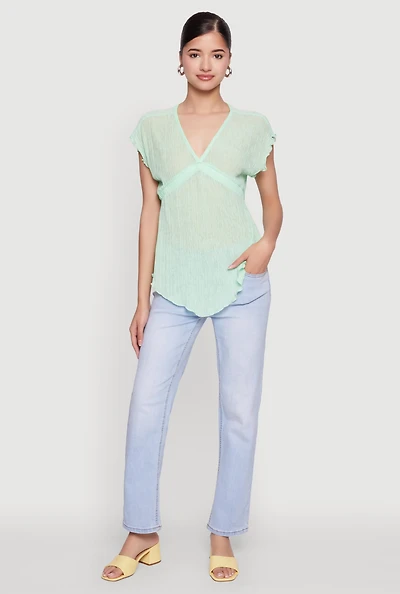 Womens V Neck Lettuce Edge Hanky Hem Blouse,
