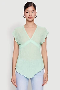 Womens V Neck Lettuce Edge Hanky Hem Blouse,