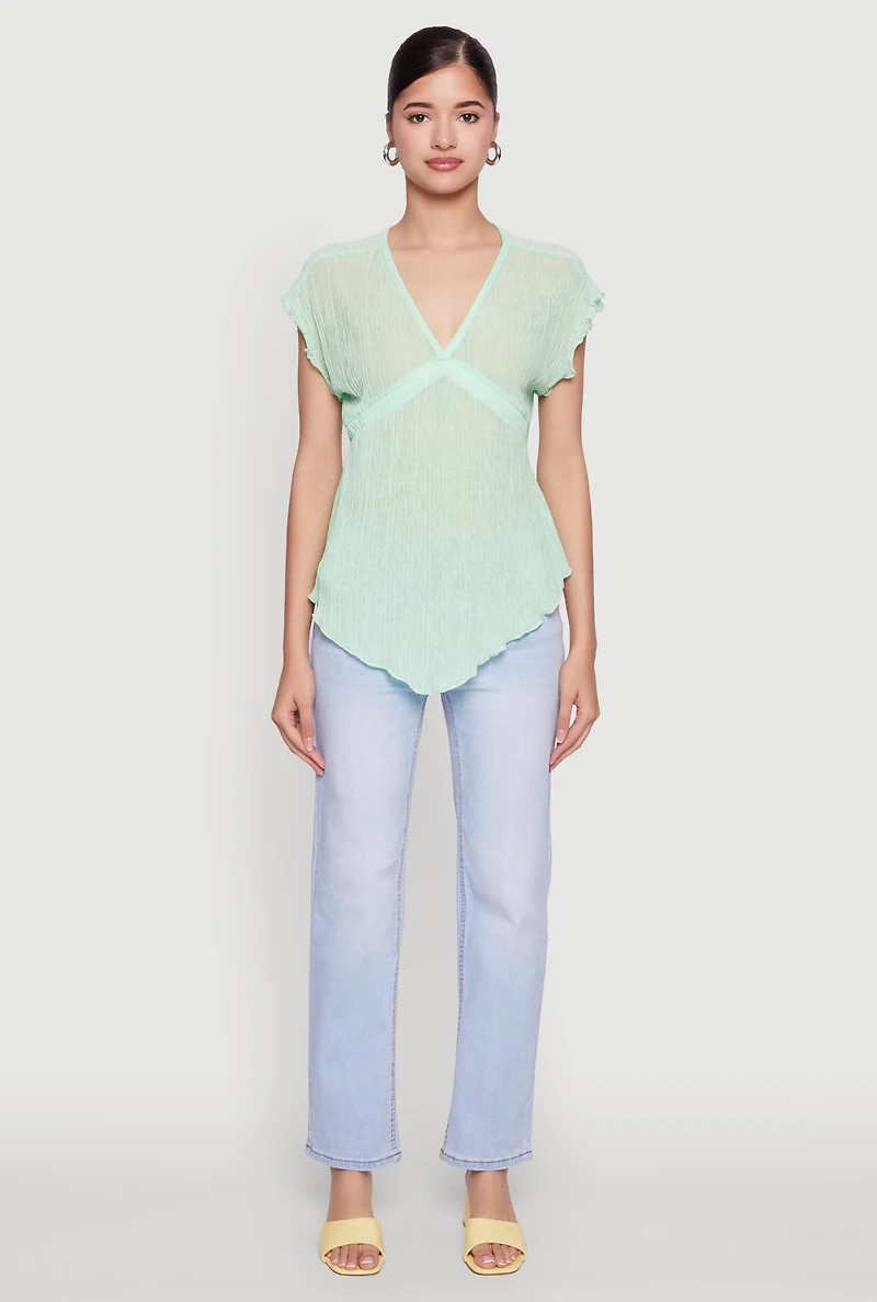 Womens V Neck Lettuce Edge Hanky Hem Blouse,