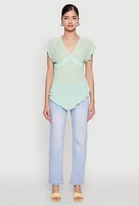 Womens V Neck Lettuce Edge Hanky Hem Blouse,