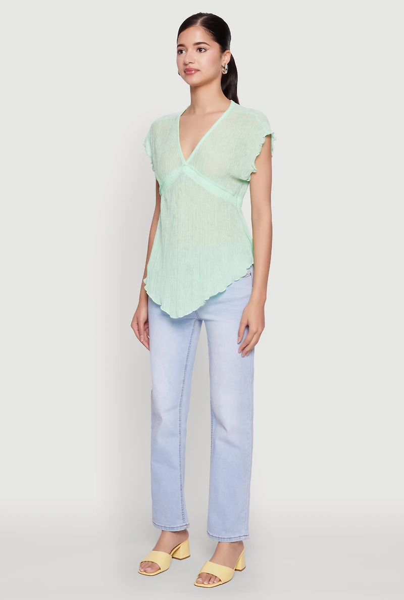 Womens V Neck Lettuce Edge Hanky Hem Blouse,