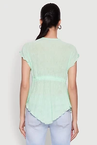 Womens V Neck Lettuce Edge Hanky Hem Blouse,