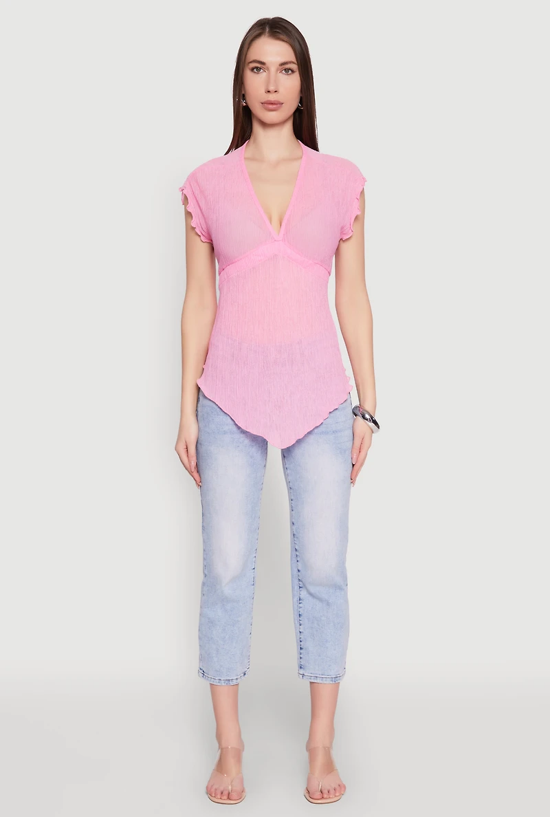 V Neck Lettuce Edge Hanky Hem Blouse