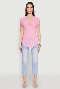 V Neck Lettuce Edge Hanky Hem Blouse