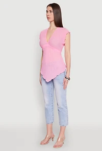 V Neck Lettuce Edge Hanky Hem Blouse