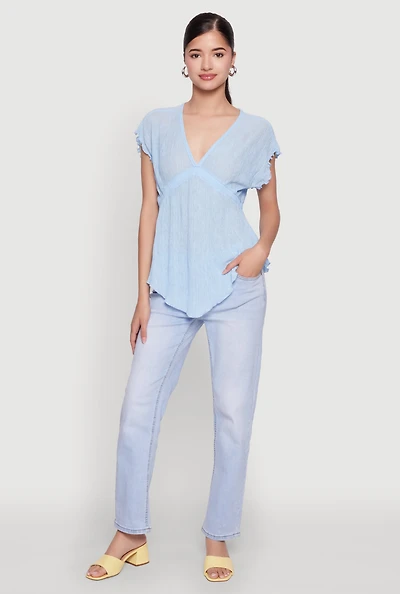 Womens V Neck Lettuce Edge Hanky Hem Blouse,
