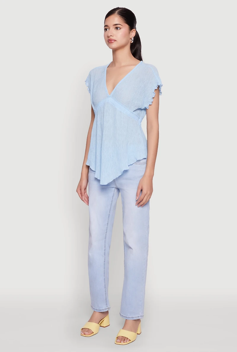 Womens V Neck Lettuce Edge Hanky Hem Blouse, Blue, Size S