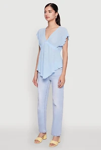 Womens V Neck Lettuce Edge Hanky Hem Blouse, Blue, Size S