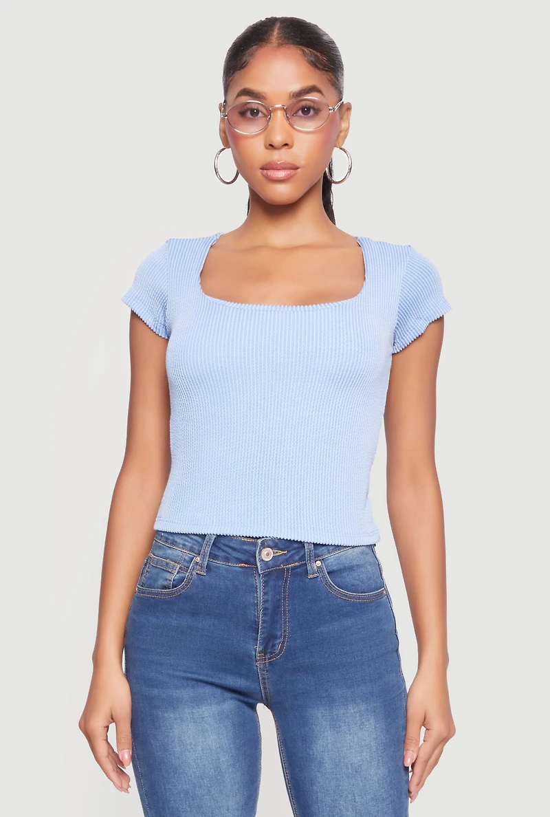 Rib Knit Cap Sleeve Square Neck Crop Top