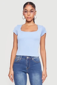 Rib Knit Cap Sleeve Square Neck Crop Top
