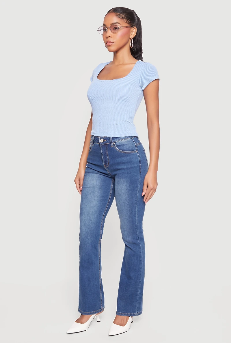 Rib Knit Cap Sleeve Square Neck Crop Top