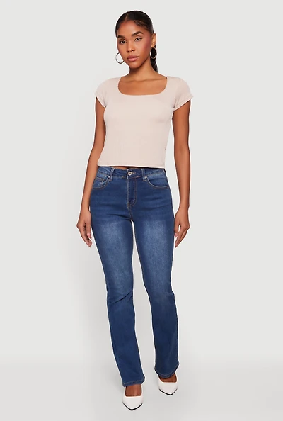 Rib Knit Cap Sleeve Square Neck Crop Top