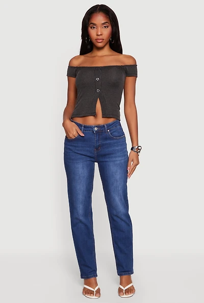 Rib Knit Off The Shoulder Slit Front Top