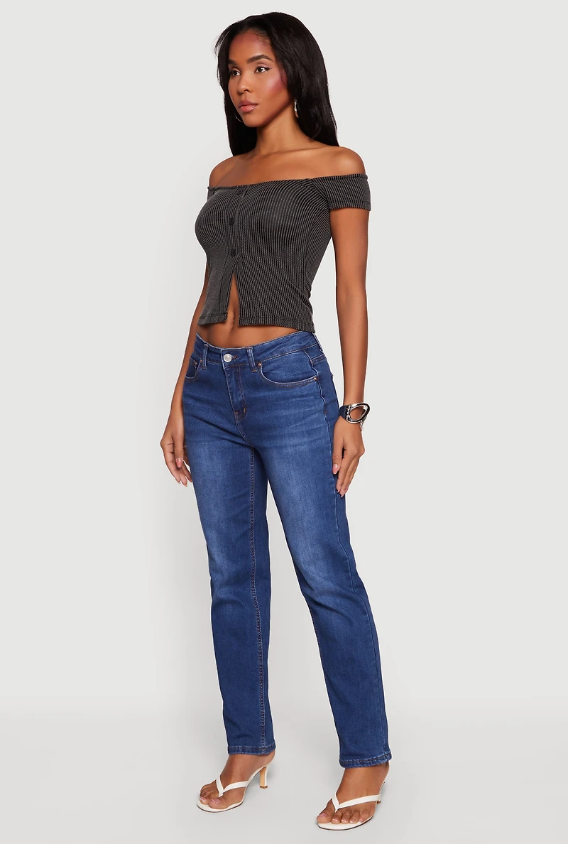 Rib Knit Off The Shoulder Slit Front Top