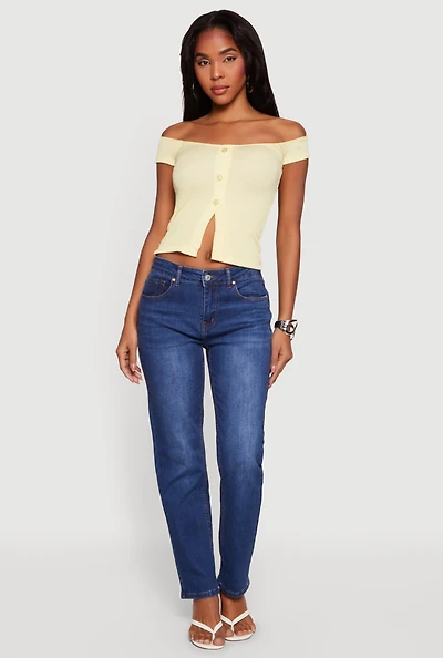 Rib Knit Off The Shoulder Slit Front Top