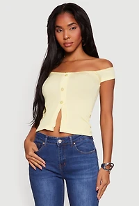 Rib Knit Off The Shoulder Slit Front Top