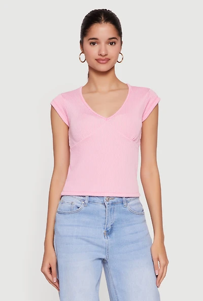 Ribbed Knit V Neck Cap Sleeve Crop Top