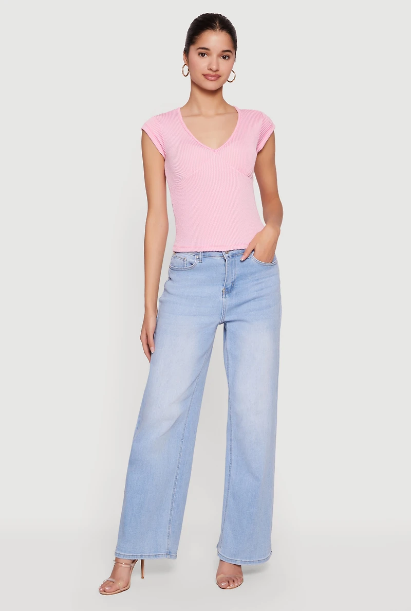 Ribbed Knit V Neck Cap Sleeve Crop Top