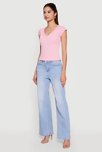 Ribbed Knit V Neck Cap Sleeve Crop Top